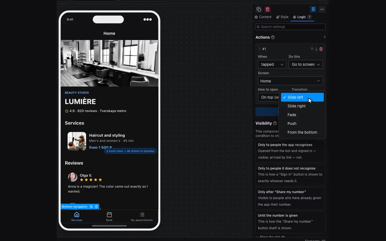 The whole list of actions — everything the app can do.