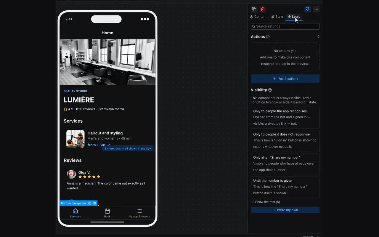 A form button and the “Submit form” action, with the choice of where the answers go.