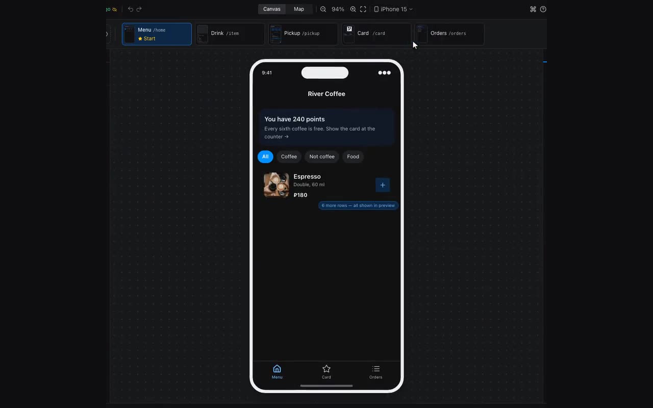 The device switches in the header, and the canvas redraws at its width.