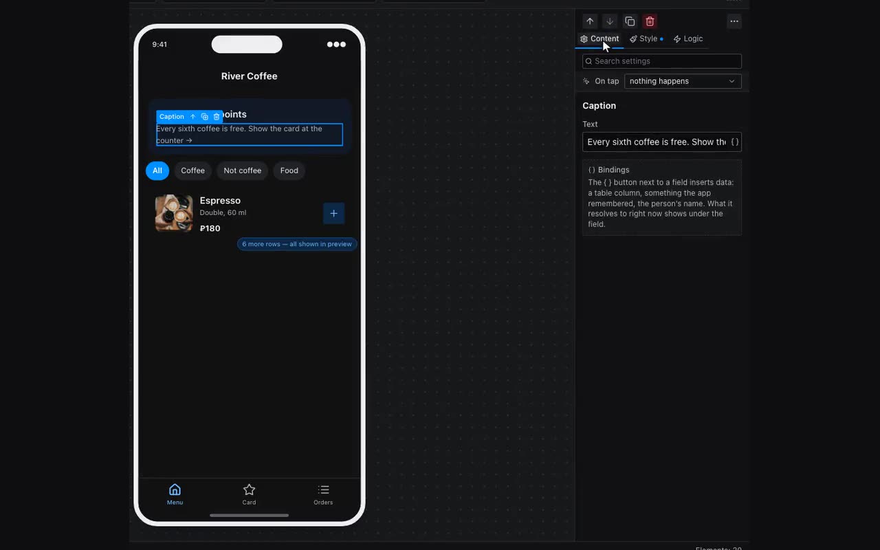 Three tabs on the right: Content is what it says, Style is how it looks, Logic is what it does.