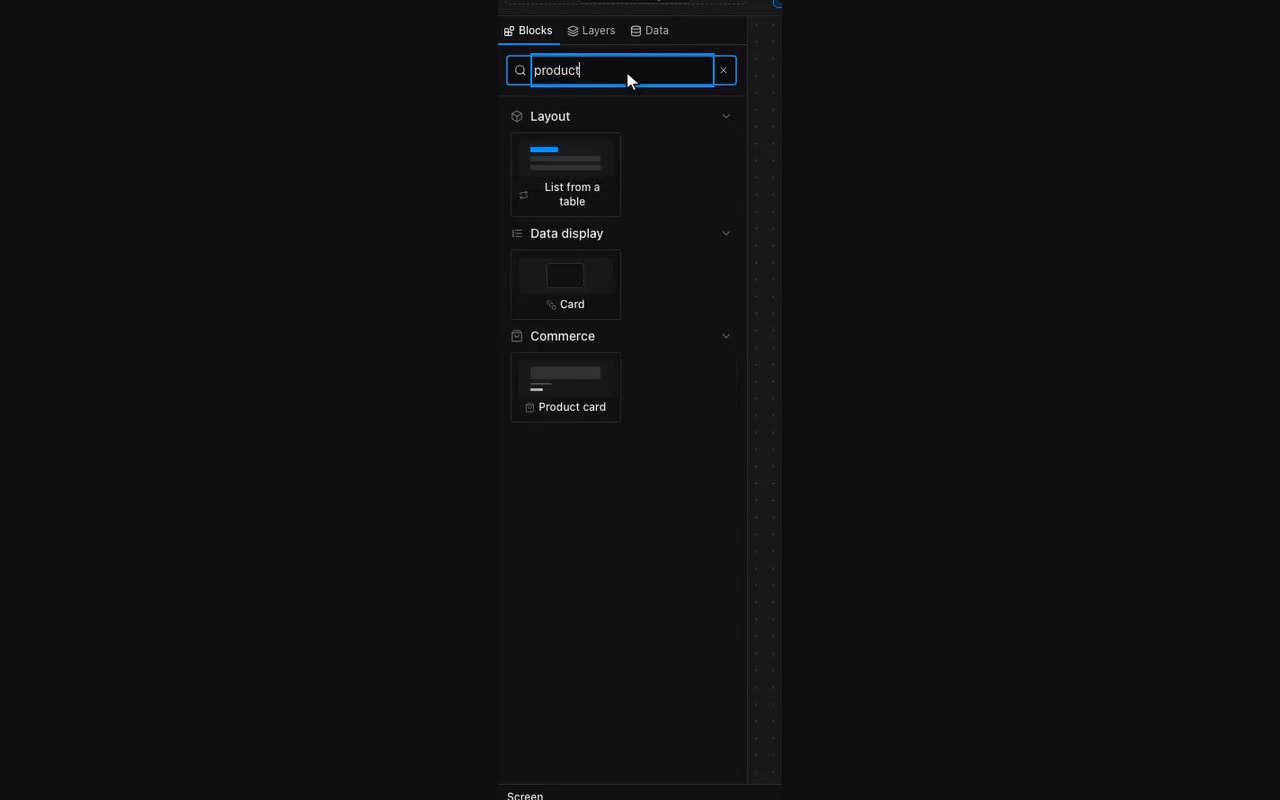 Commerce blocks sit in their own group — the palette search finds them fastest.