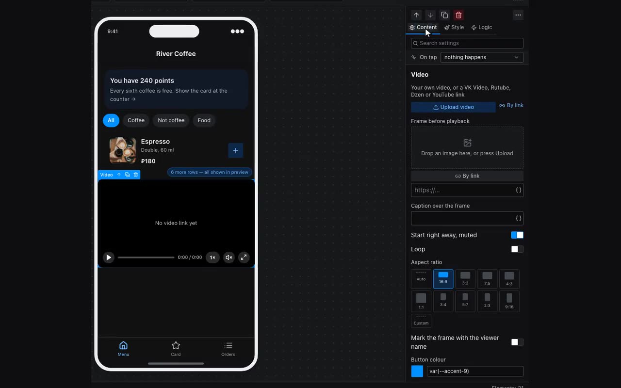 The source sits in the Content tab of the Video block: Upload video, or By link.