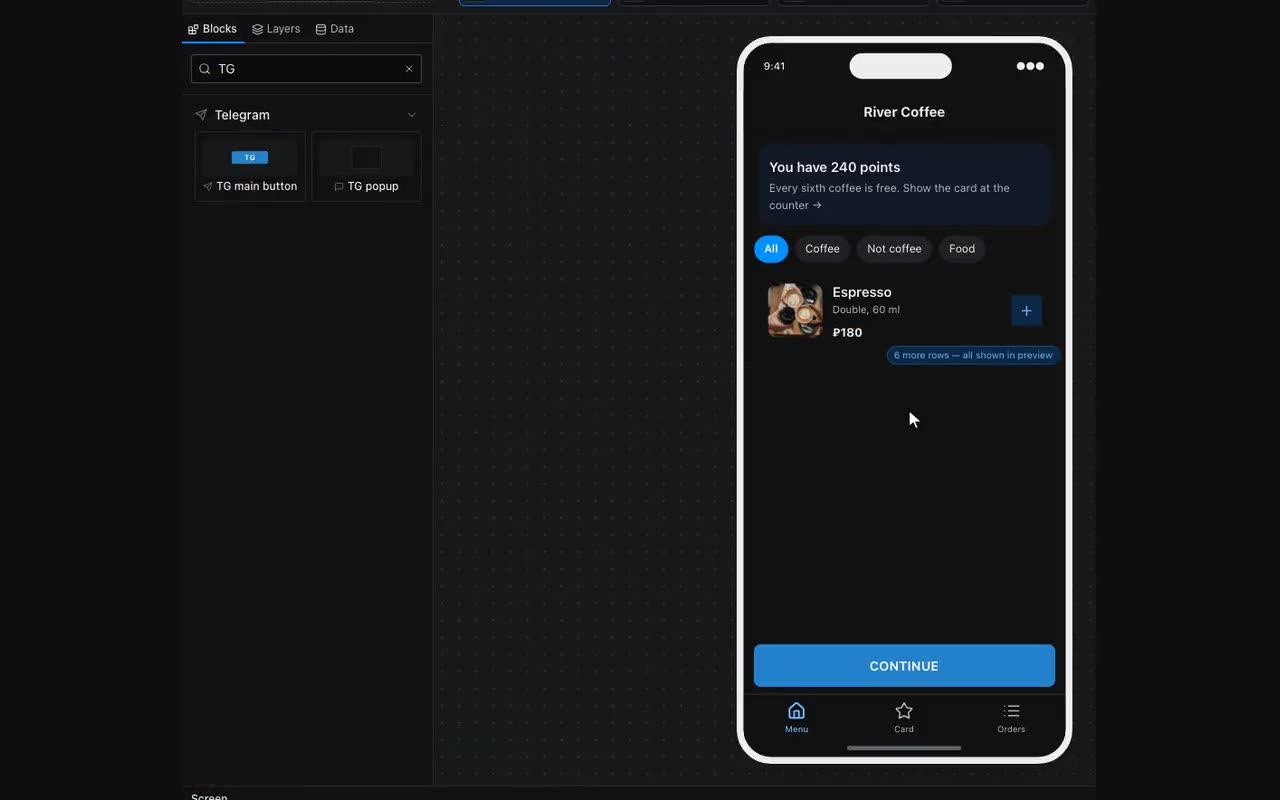 The Telegram main button: on the canvas it moves to the bottom of the window.