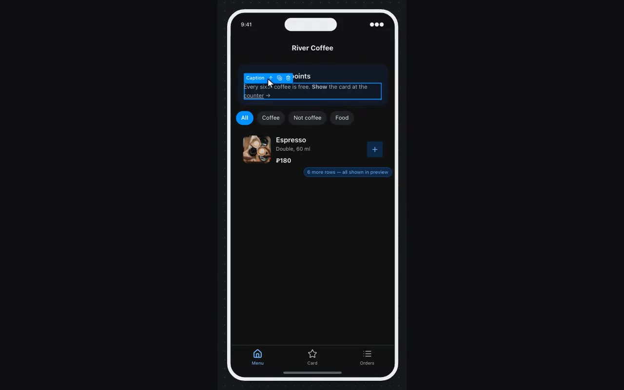 A double-click opens editing; a selection brings up the strip of buttons.