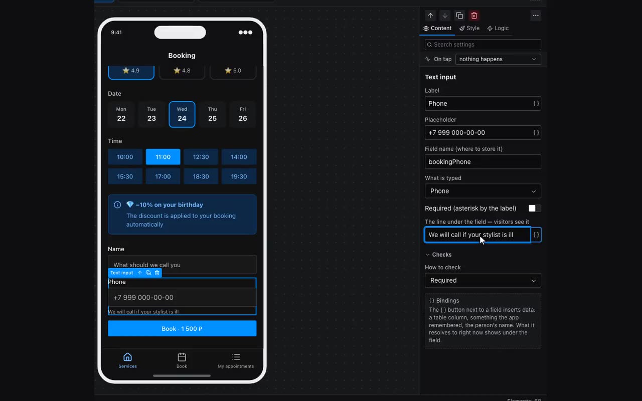 The Phone field gets the Phone kind and a line under it — visible on the canvas straight away.