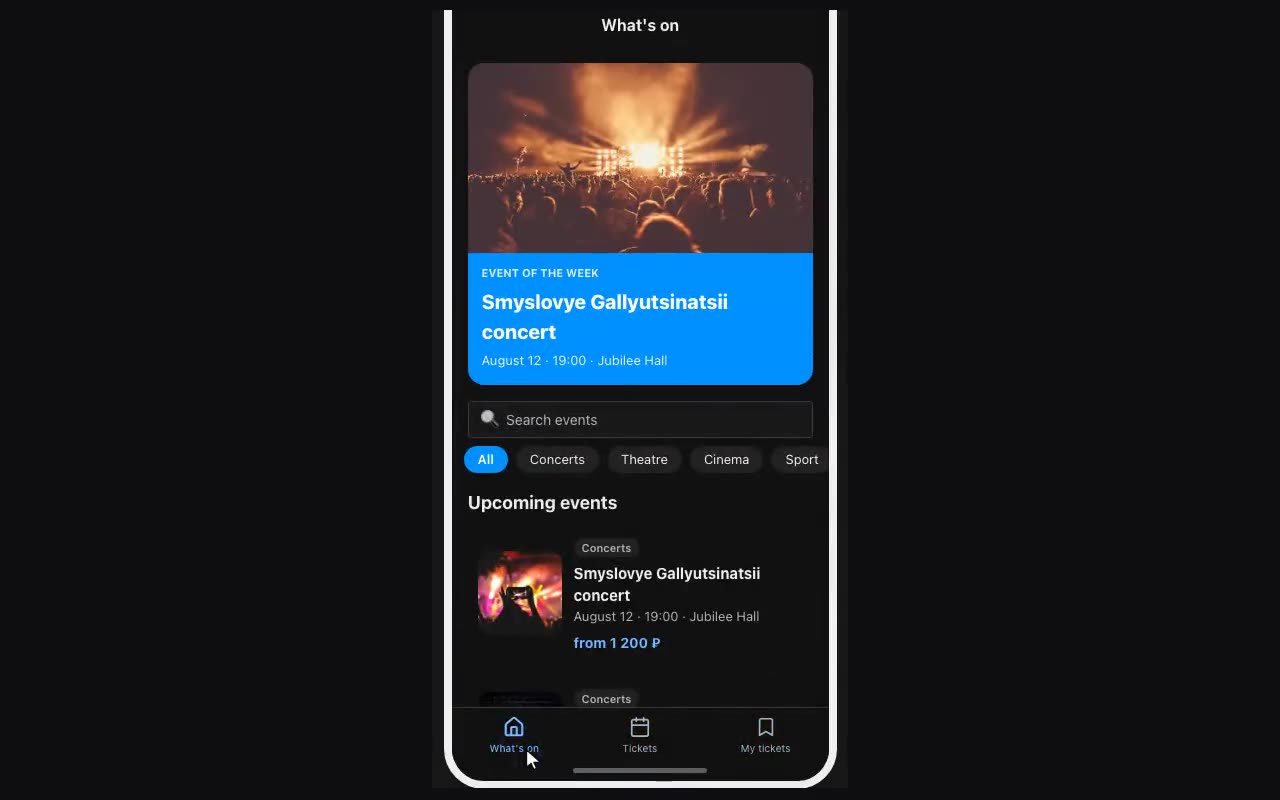 The events app in preview: the listing, tickets and my tickets.