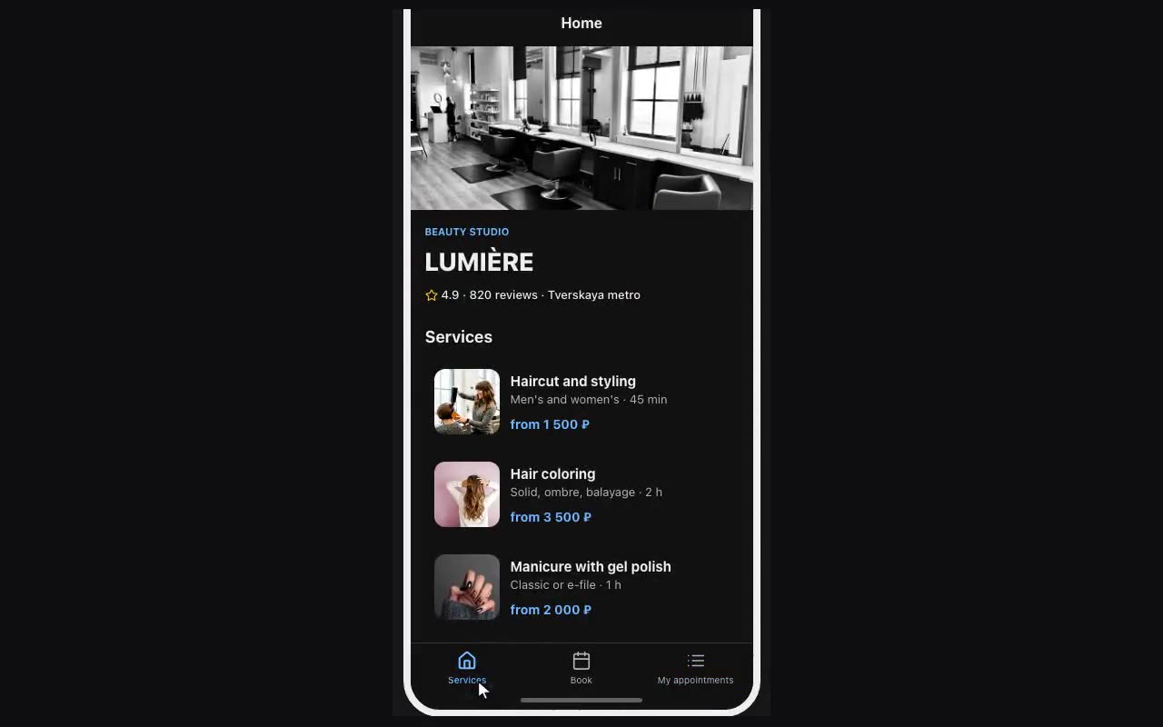 Booking in preview: services, booking, my bookings.