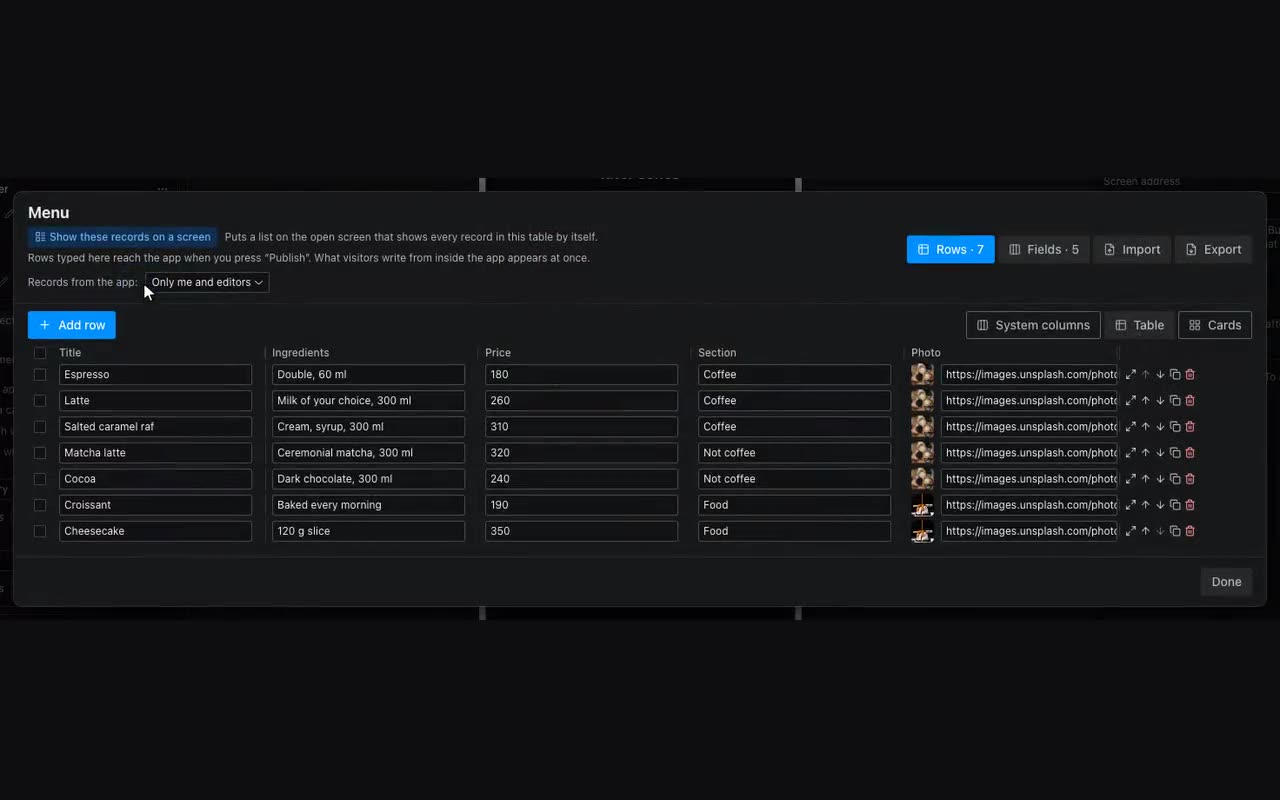 The Data panel is the third tab on the left. The record counter opens the table itself.