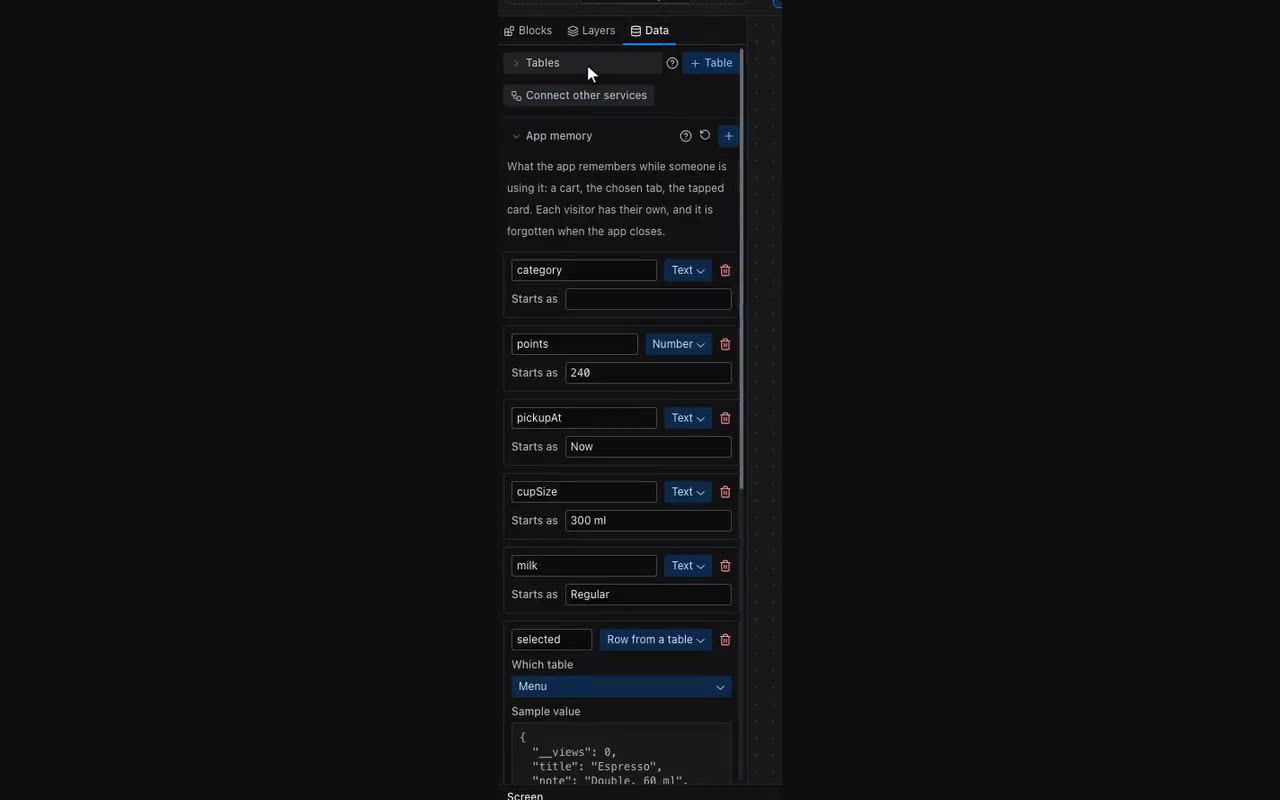 A table of your own starts with “+ Table” in the Data panel.