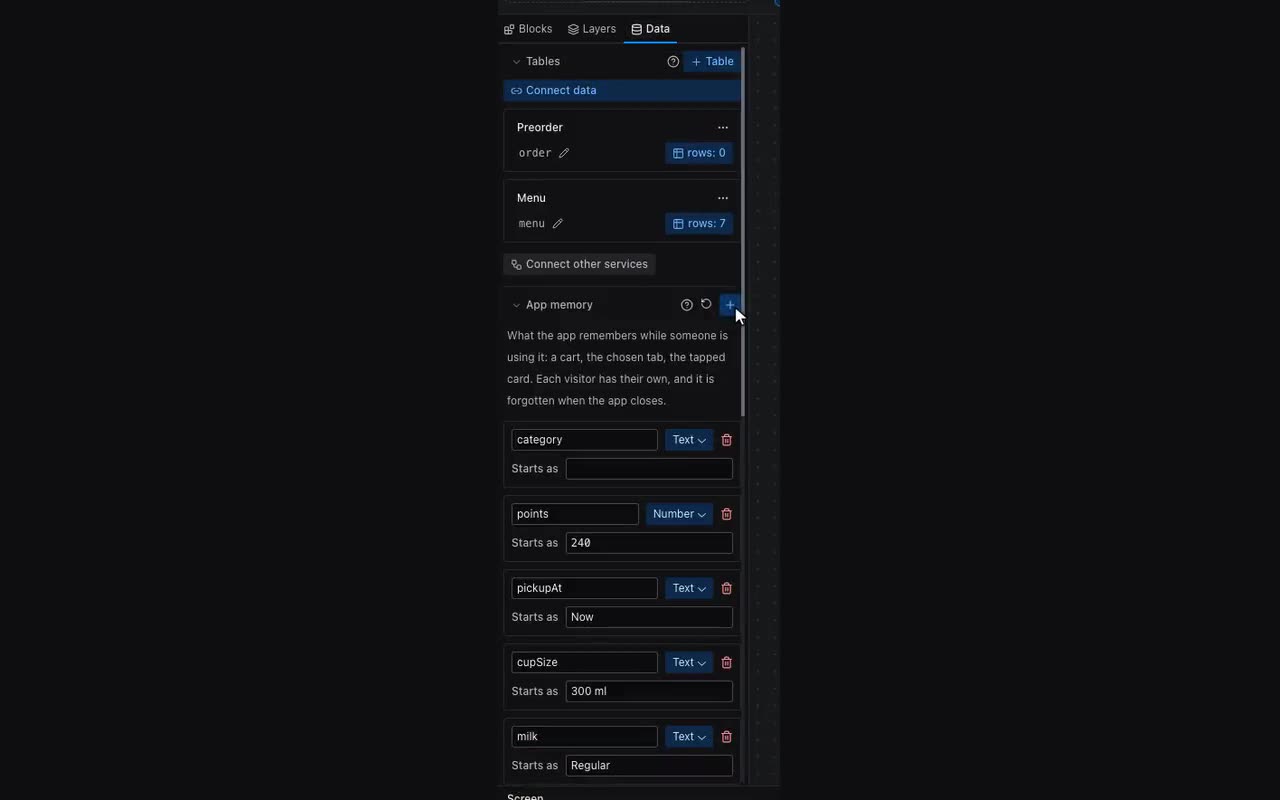 App memory is set up on the Data tab, below the tables.