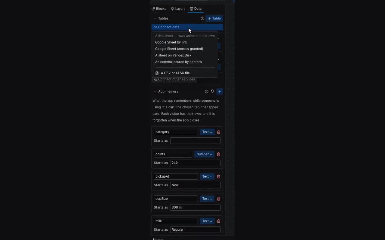 “Connect data” in the Data panel, and the list of sources.