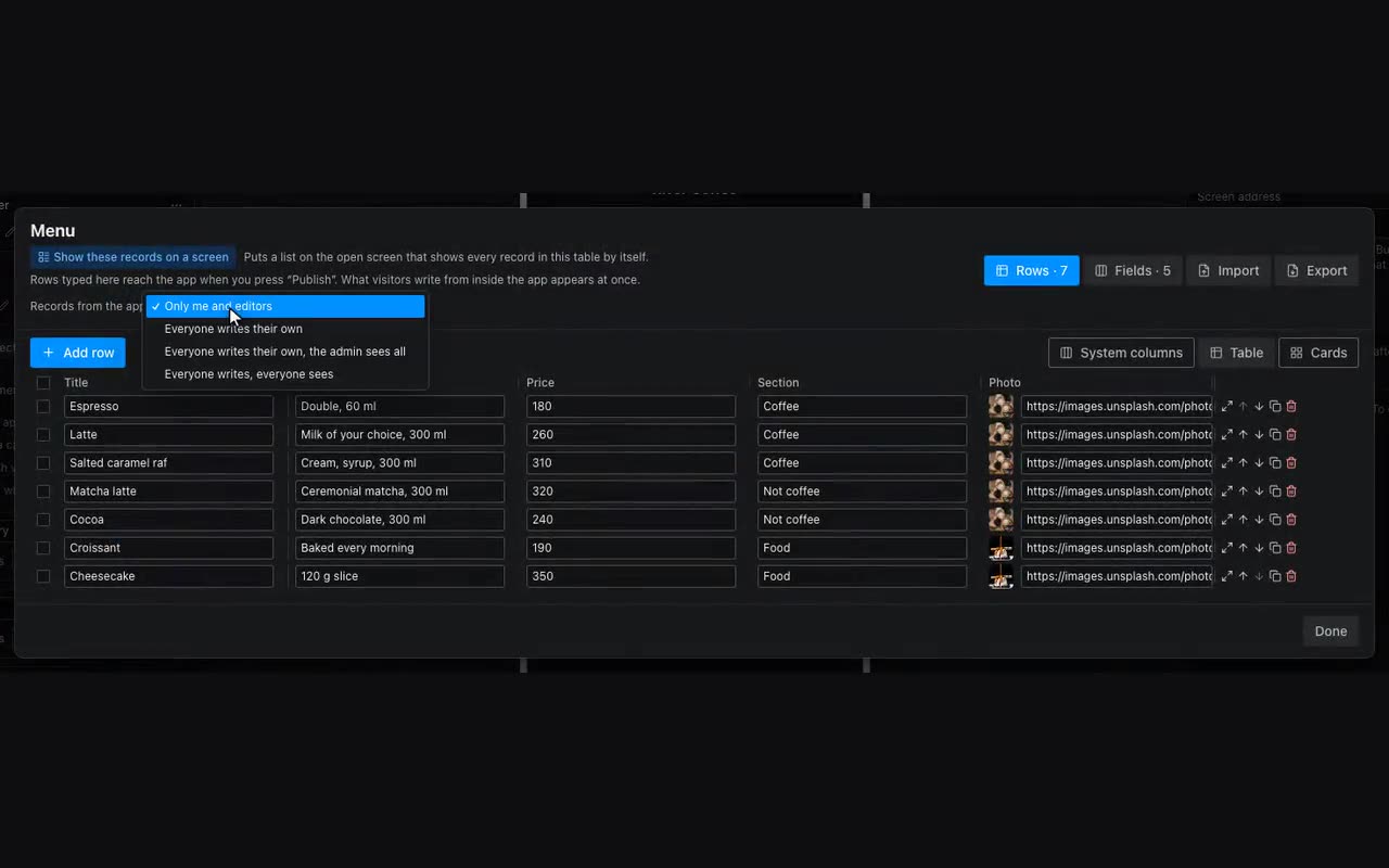 The “Rows from the app” line in the table header, and its options.