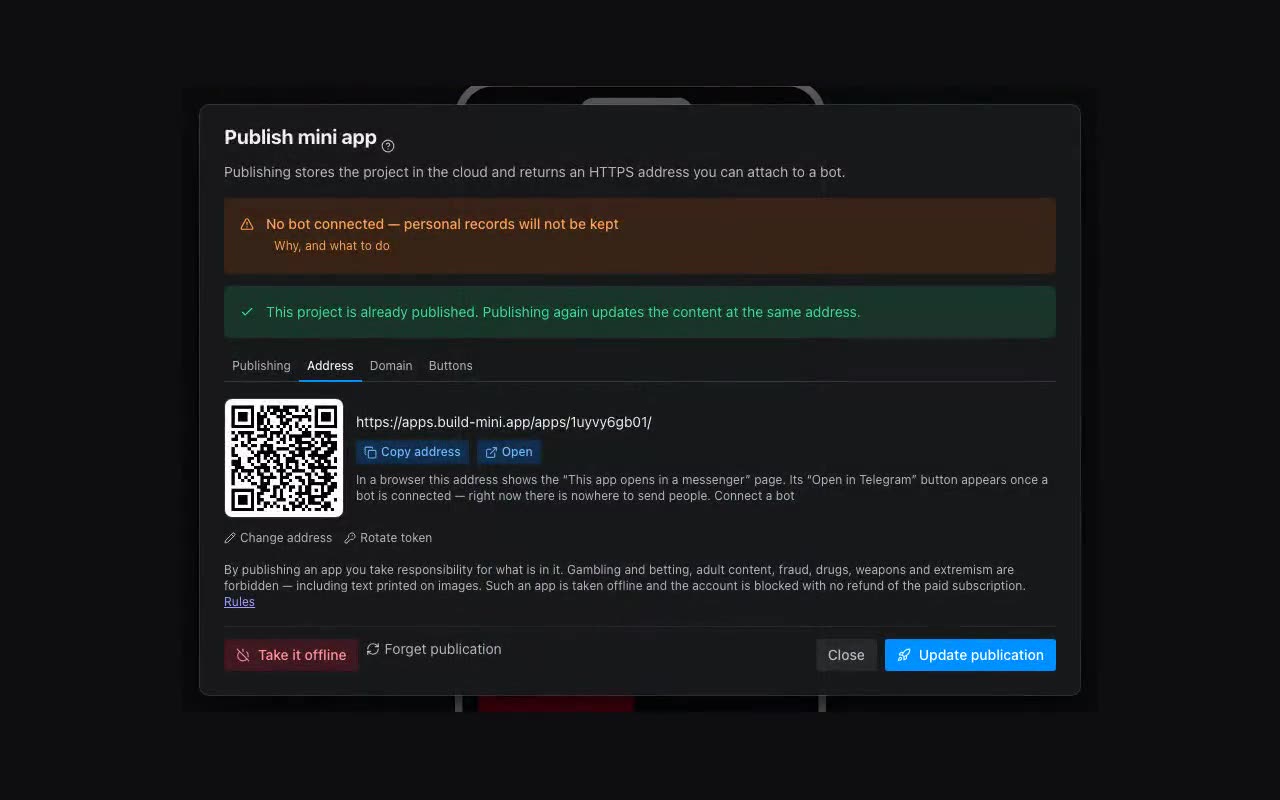 The publish window of a real app — recorded on the live editor.
