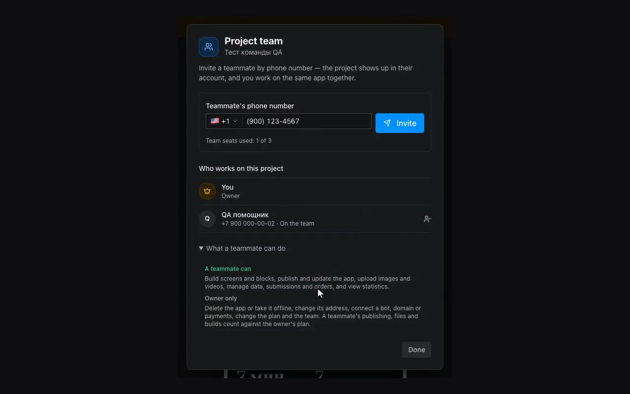 The team window: the teammate’s number, the Invite button and what they may do.