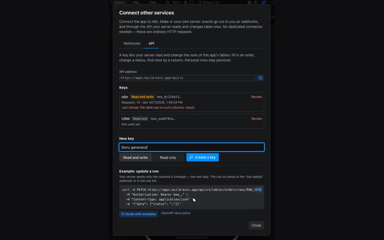 The Data tab → “Connect other services” → the API tab: the address, the keys and a ready example request.