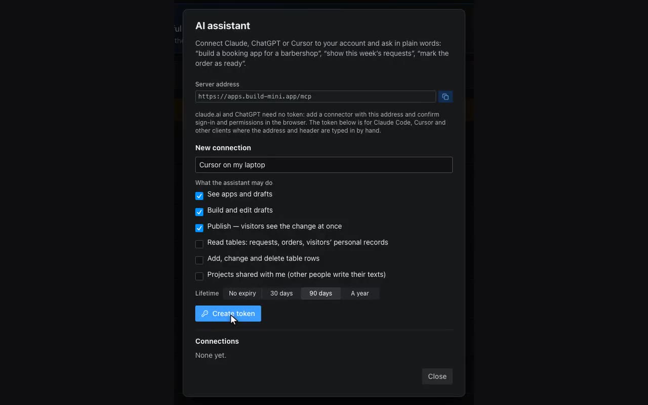 The account menu → “AI assistant”: the server address, what to allow and a token for Claude Code or Cursor.