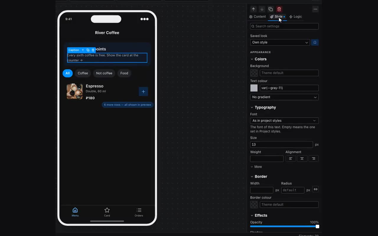 The Style tab changes only the selected block, not the whole app.