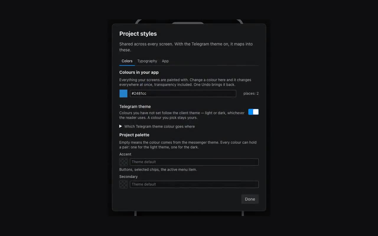 Project styles, the Colors tab: the Telegram theme switch sits above the palette.