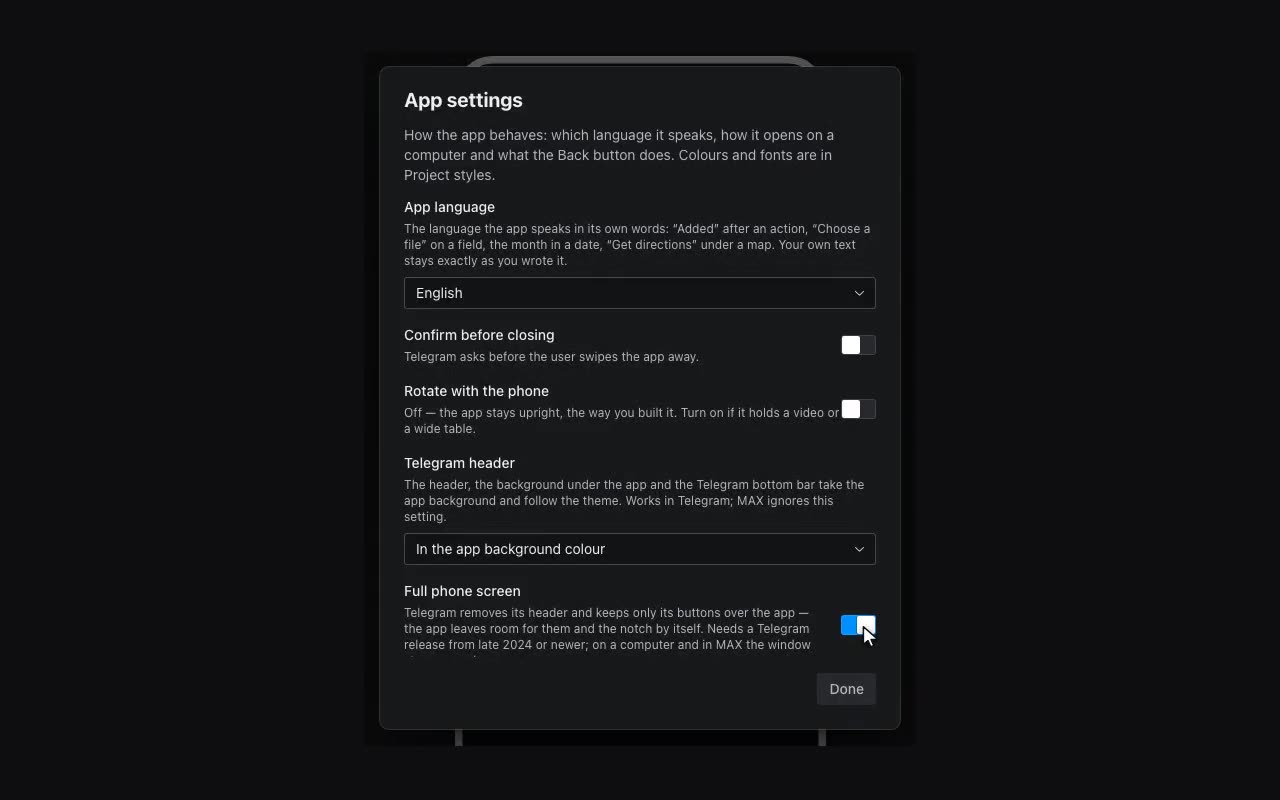 Both settings are in App settings. You see the result in Telegram itself — the canvas has no messenger header.