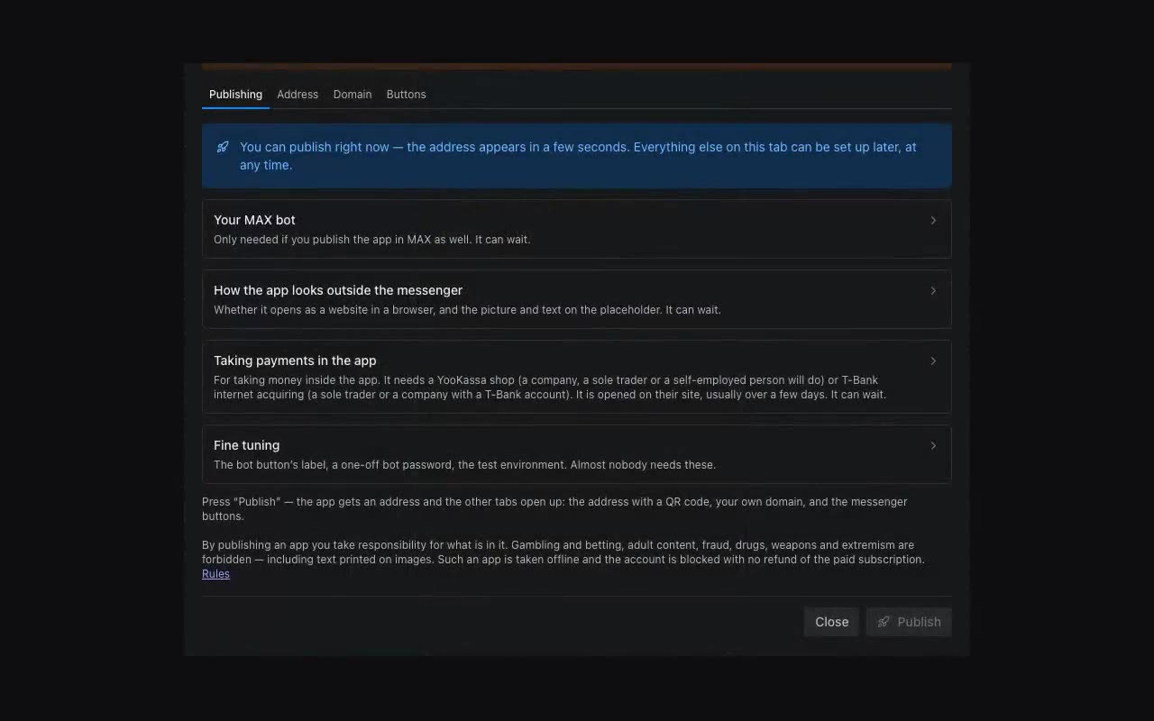 The publish window: the tabs, the bot token and the menu button caption.
