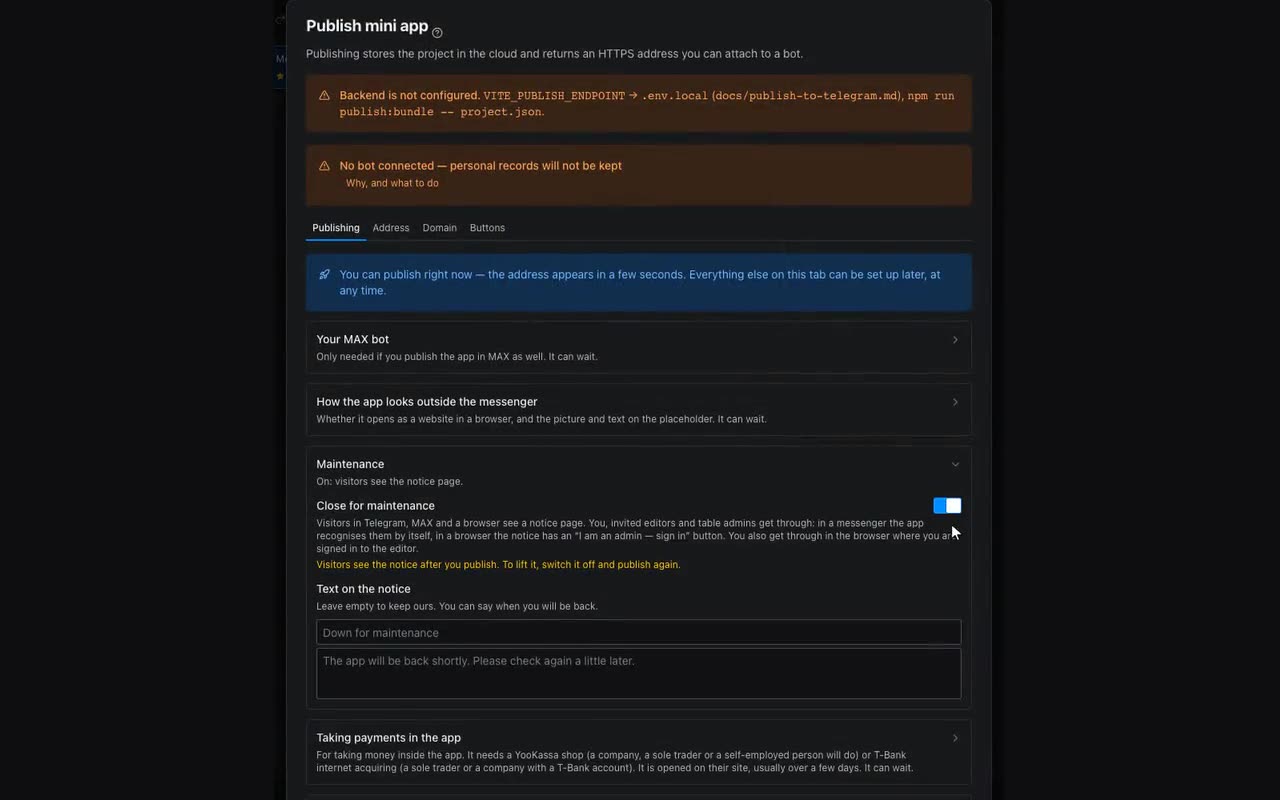 Turn on “Close for maintenance” and publish.