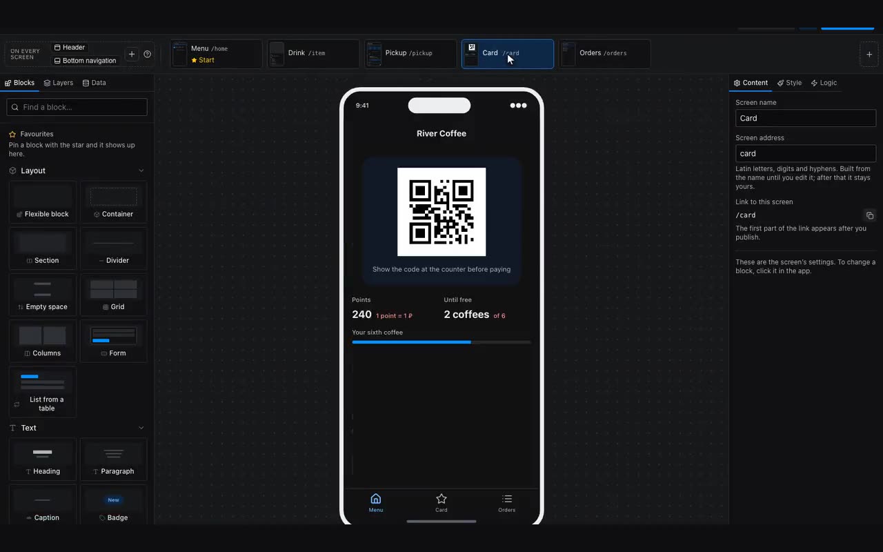 The strip along the top is the app’s map. Clicking a screen redraws the whole canvas.