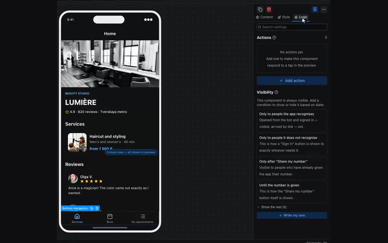 A button, its Logic tab, and the navigation already wired up.