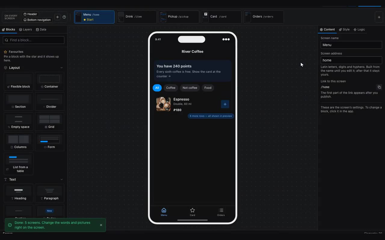 The gallery shows a template’s screens before it is applied. “Create project” replaces what you have built, and the editor asks first.
