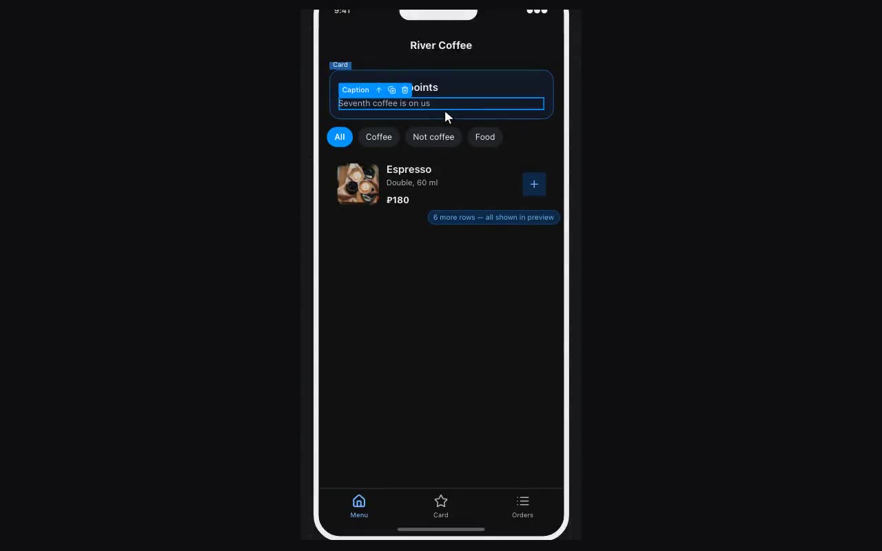 Double-click edits text right on the canvas. It works on headings, paragraphs, captions, badges and buttons — whatever renders as one run of text.